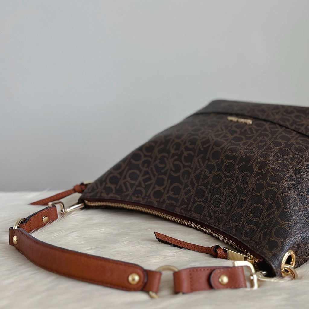 Calvin Klein Caramel Leather Monogram Slouchy Shoulder Bag Like New