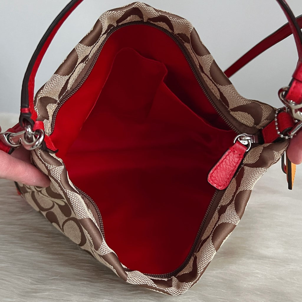 Coach Red Leather Monogram Slouchy 2 Way Shoulder Bag Excellent