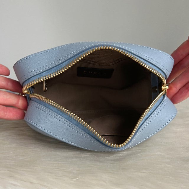 Furla Light Blue Leather Front Logo Camera Crossbody Shoulder Bag Like New
