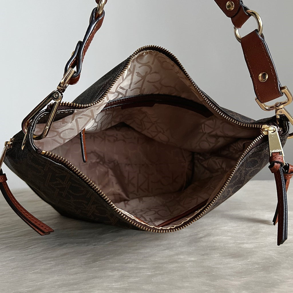 Calvin Klein Caramel Leather Monogram Slouchy Shoulder Bag Like New