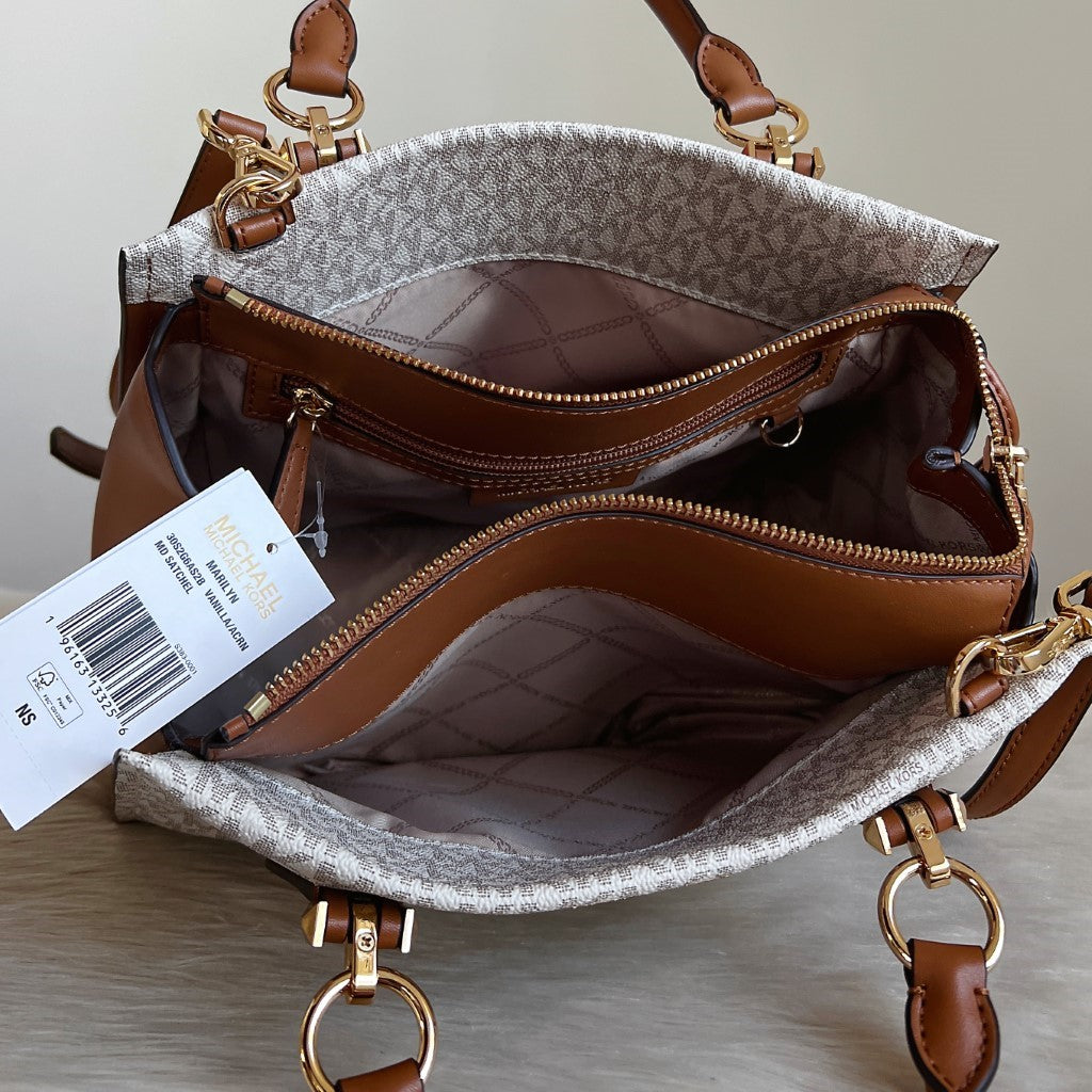 Michael Kors Caramel Leather Monogram Triple Compartment 2 Way Shoulder Bag New with Tags