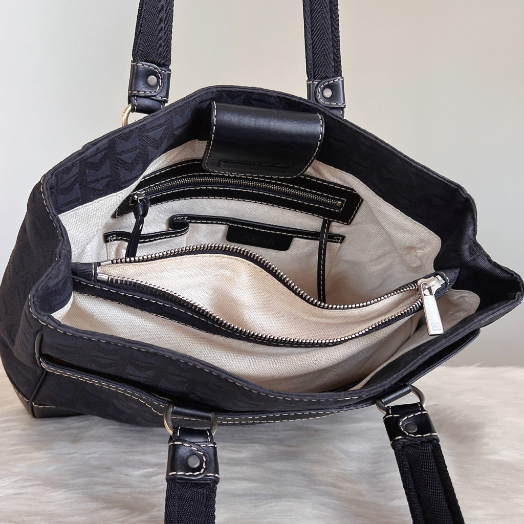 Michael Kors Black Leather MK Monogram Triple Compartment Shoulder Bag