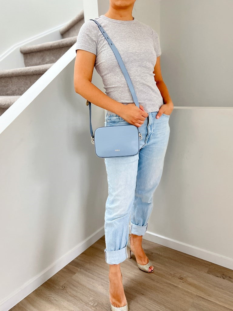 Furla Light Blue Leather Front Logo Camera Crossbody Shoulder Bag Like New