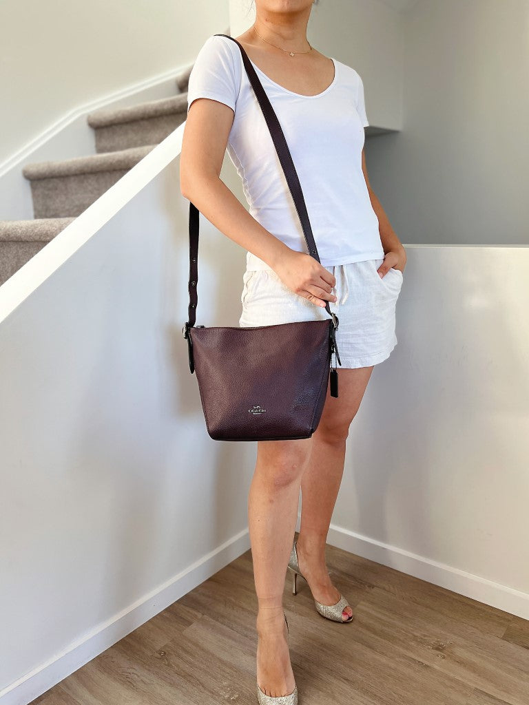 Coach Chocolate Leather Front Logo Bucket Crossbody Shoulder Bag
