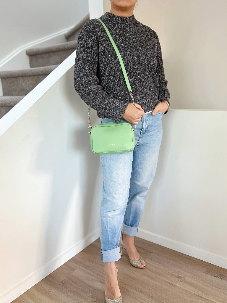 Furla Lime Leather Front Logo Camera Crossbody Shoulder Bag Like New