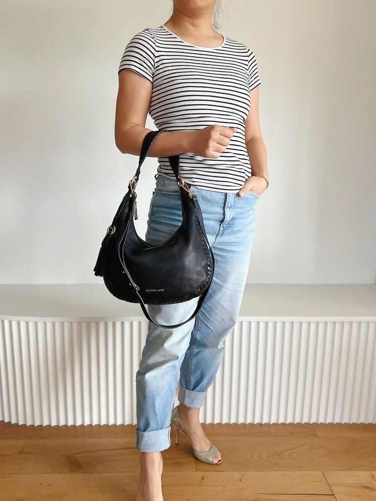 Michael Kors Black Leather Tassel Charm Slouchy 2 Way Shoulder Bag Like New