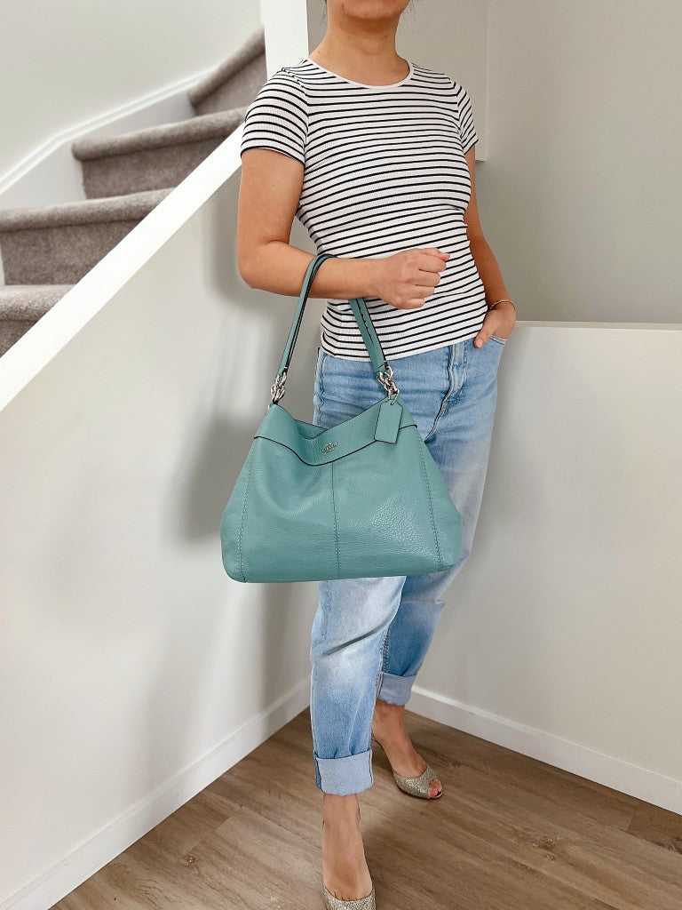 Coach Teal Leather Triple Compartment Career Shoulder Bag Like New