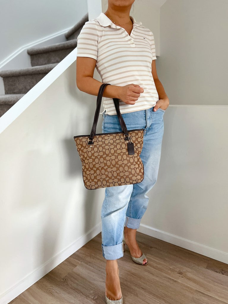 Coach Chocolate Jacquard Leather Monogram Shoulder Bag Excellent