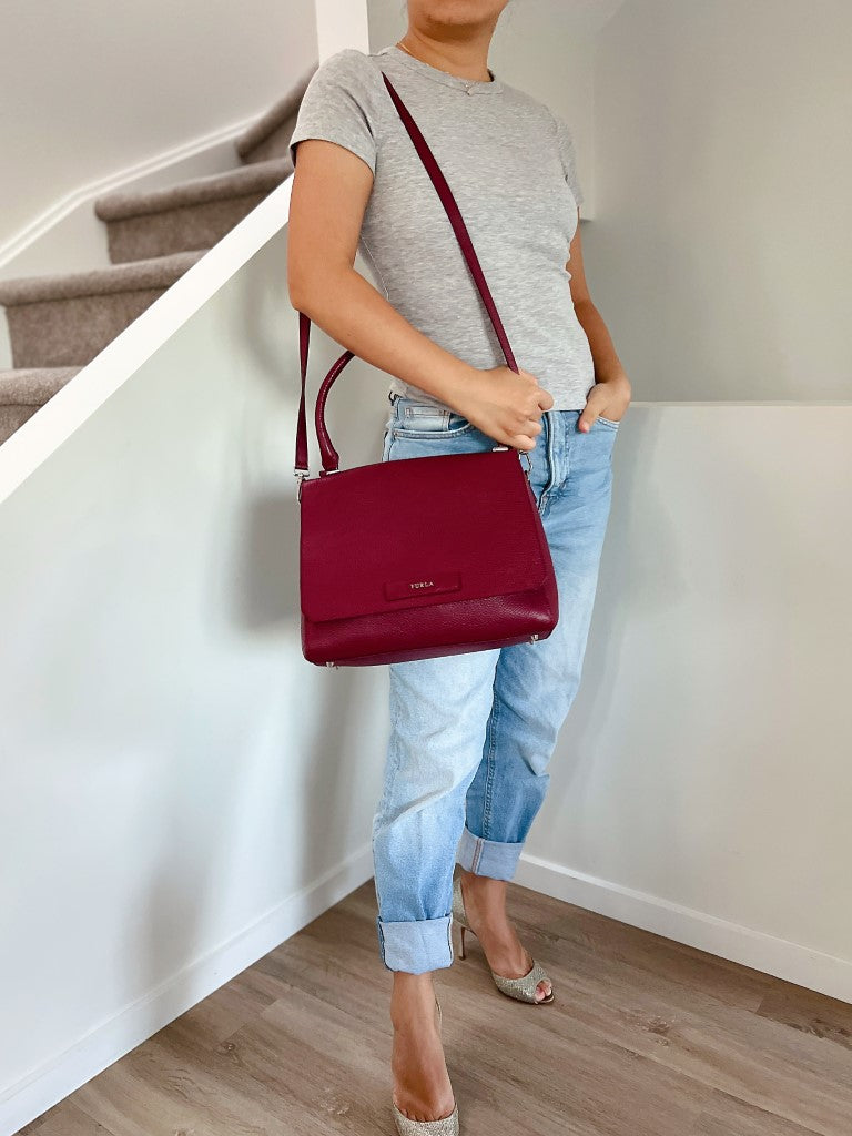 Furla Baudoux Leather Front Logo 2 Way Shoulder Bag Excellent
