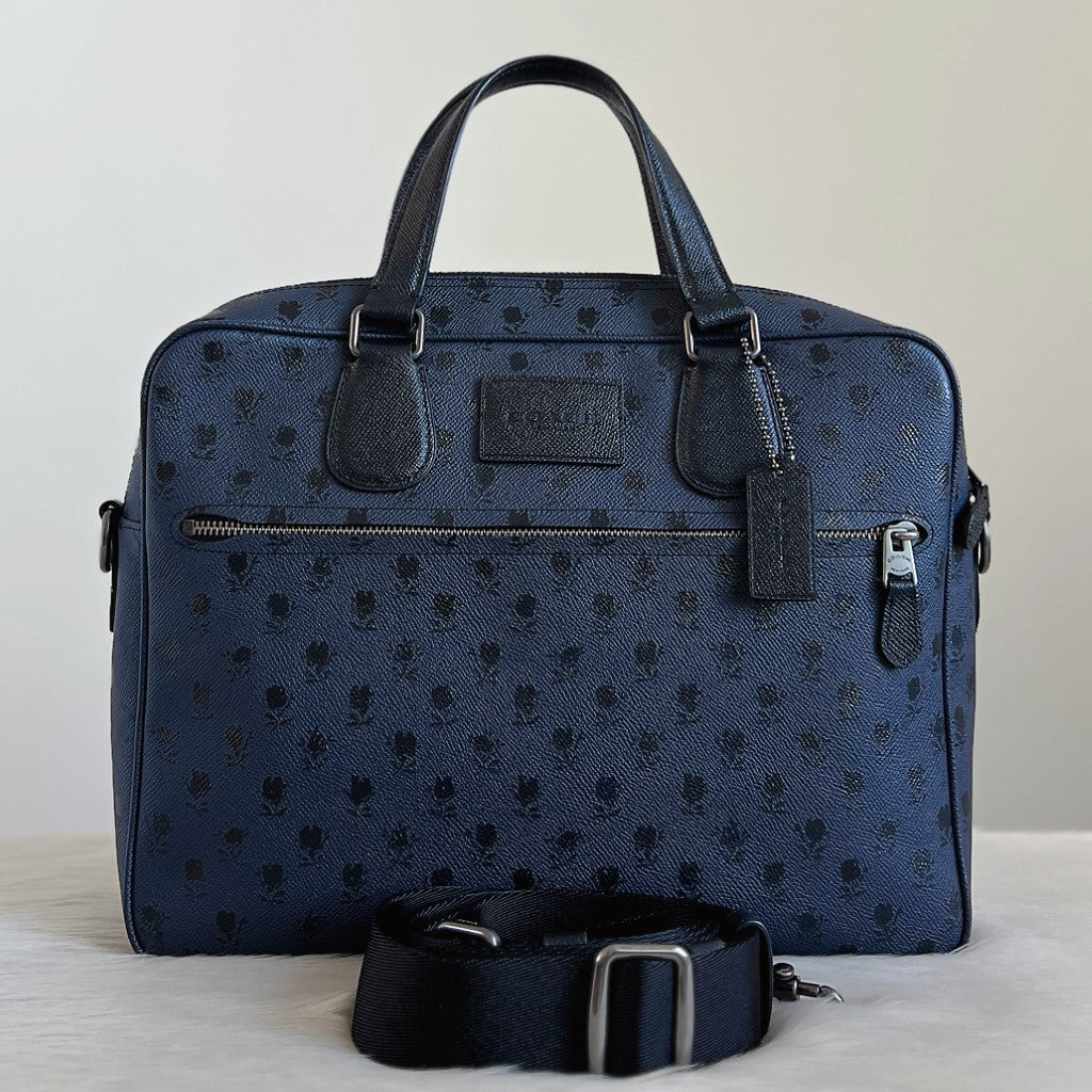 Coach Navy Leather Floral Pattern Business 2 Way Crossbody Bag Like New