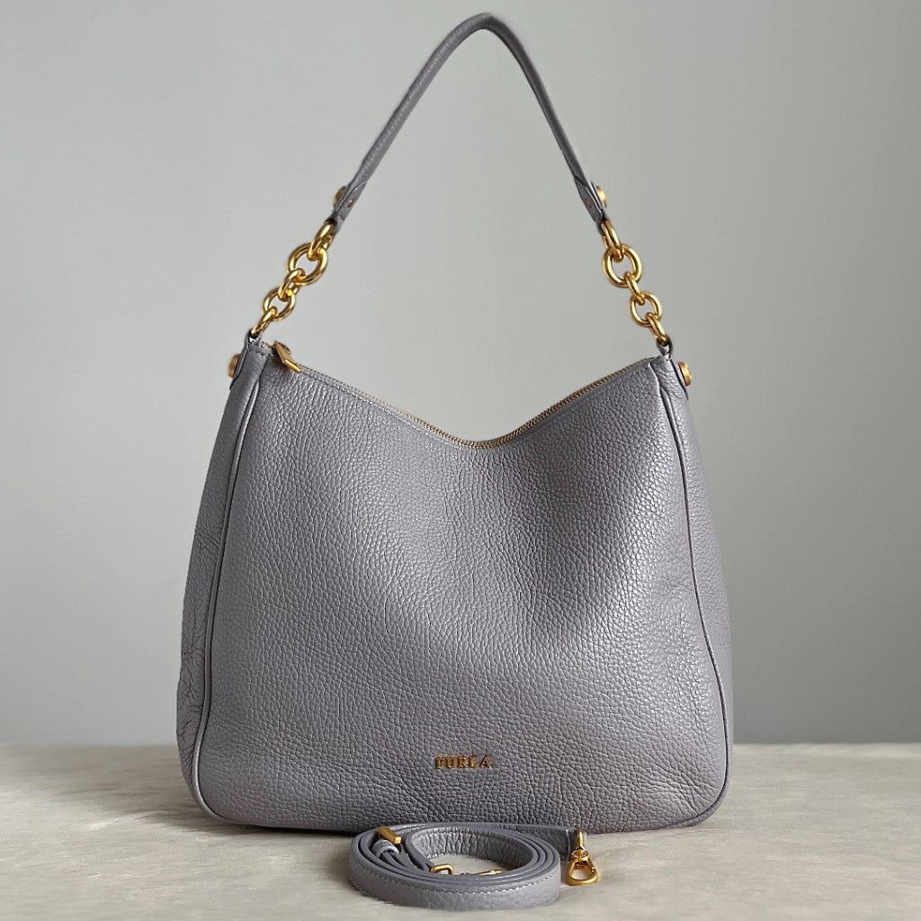 Furla Grey Leather Front Logo Slouchy 2 Way Shoulder Bag Like New