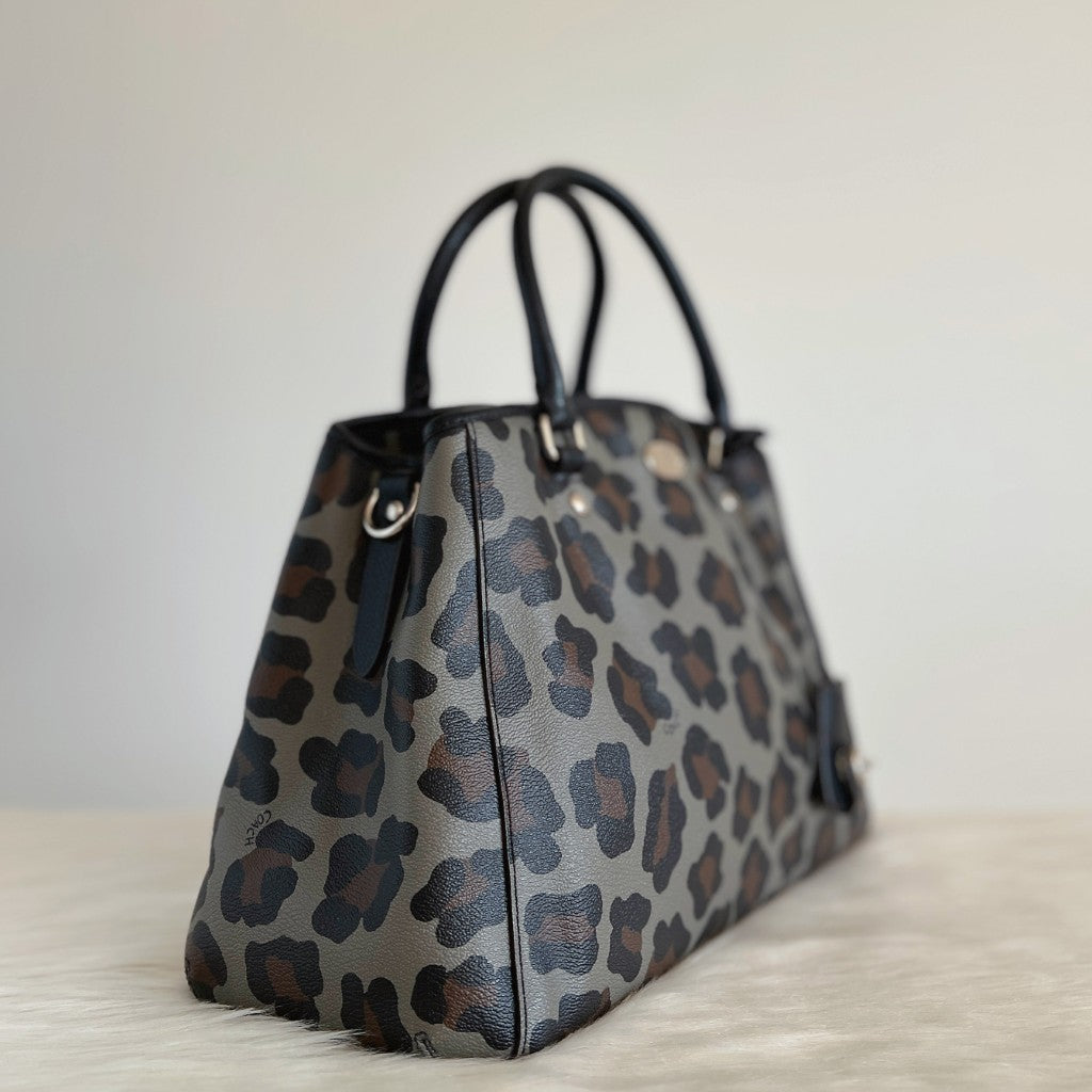 Coach Black Leather Leopard Triple Compartment 2 Way Shoulder Bag Like New