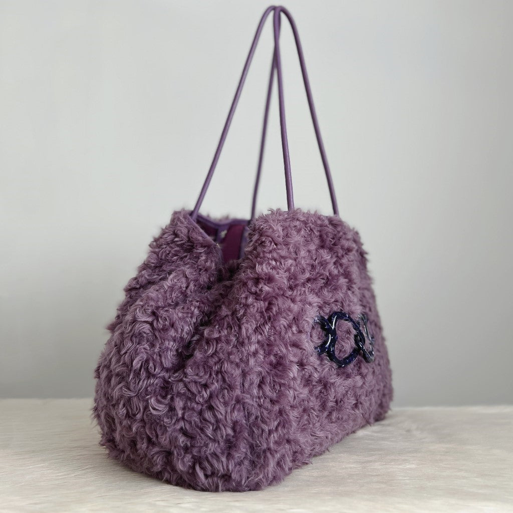 Kate Spade Purple Fur Large Carryall Shoulder Bag + Pouch Excellent