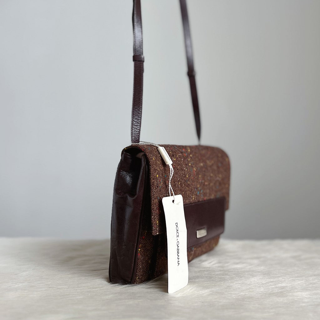 Dolce & Gabbana D&G Brown Leather Wool Patchwork Crossbody Shoulder Bag