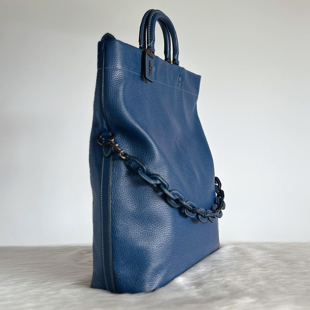 Coach Blue Leather Chunky Chain Messenger Unisex 2 Way Shoulder Bag Like New