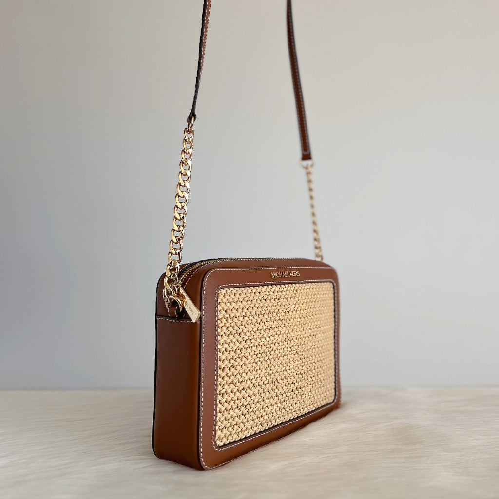 Michael Kors Caramel Leather Straw Patchwork Crossbody Shoulder Bag Like New