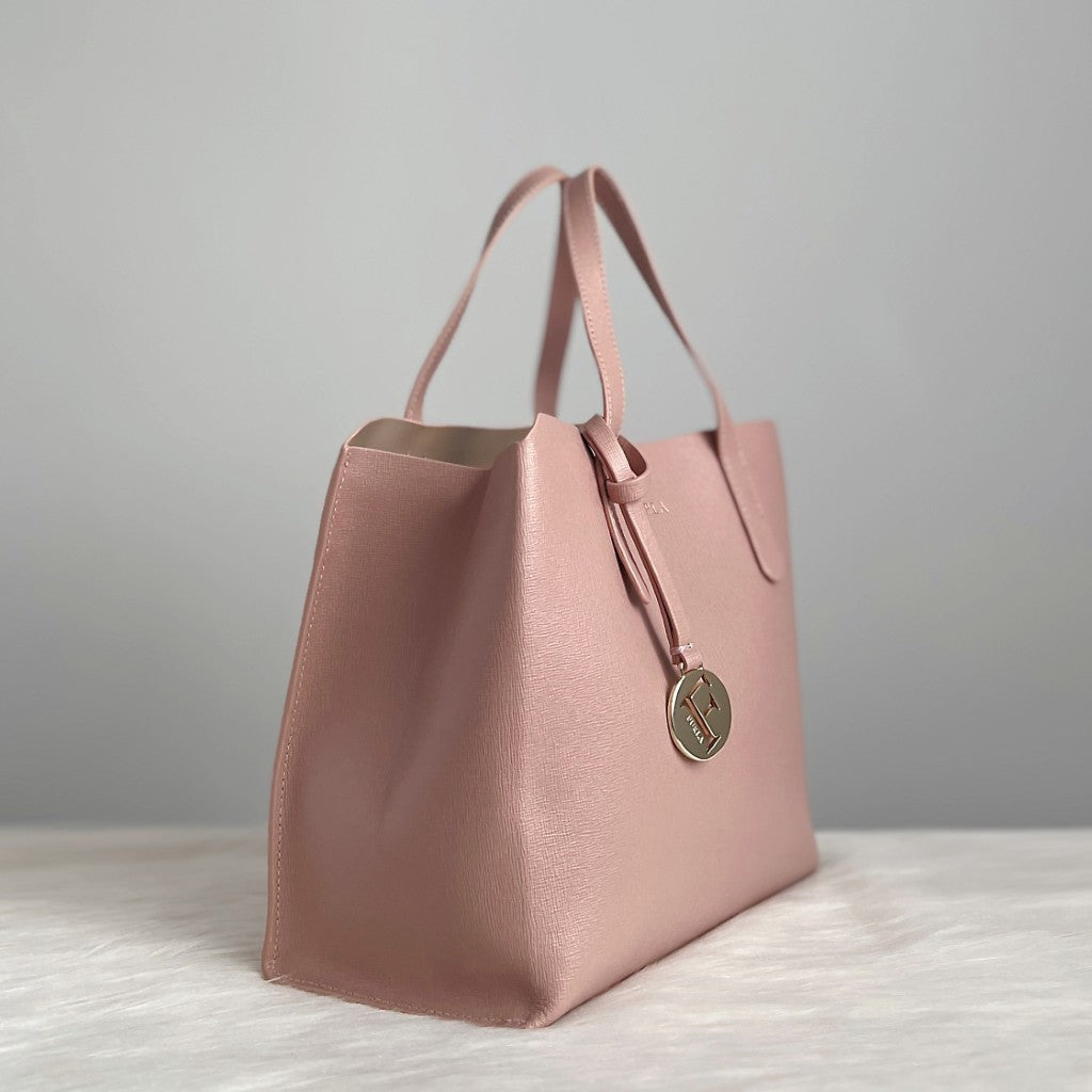 Furla Blush Pink Leather F Charm Tote Bag Like New