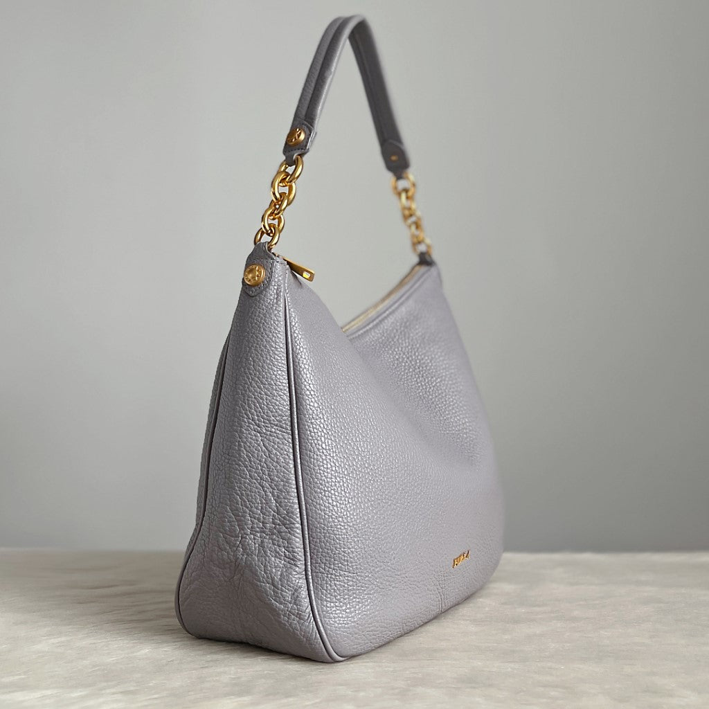 Furla Grey Leather Front Logo Slouchy 2 Way Shoulder Bag Like New