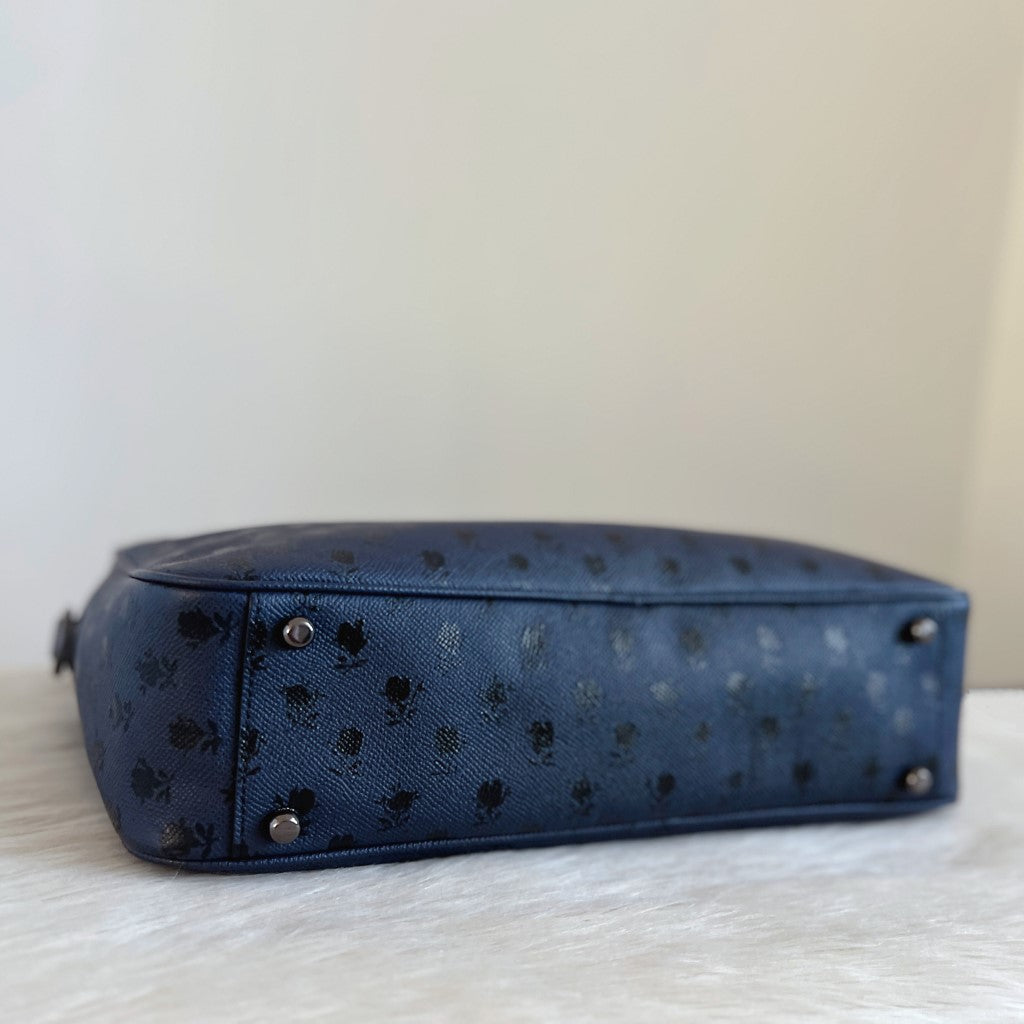 Coach Navy Leather Floral Pattern Business 2 Way Crossbody Bag Like New
