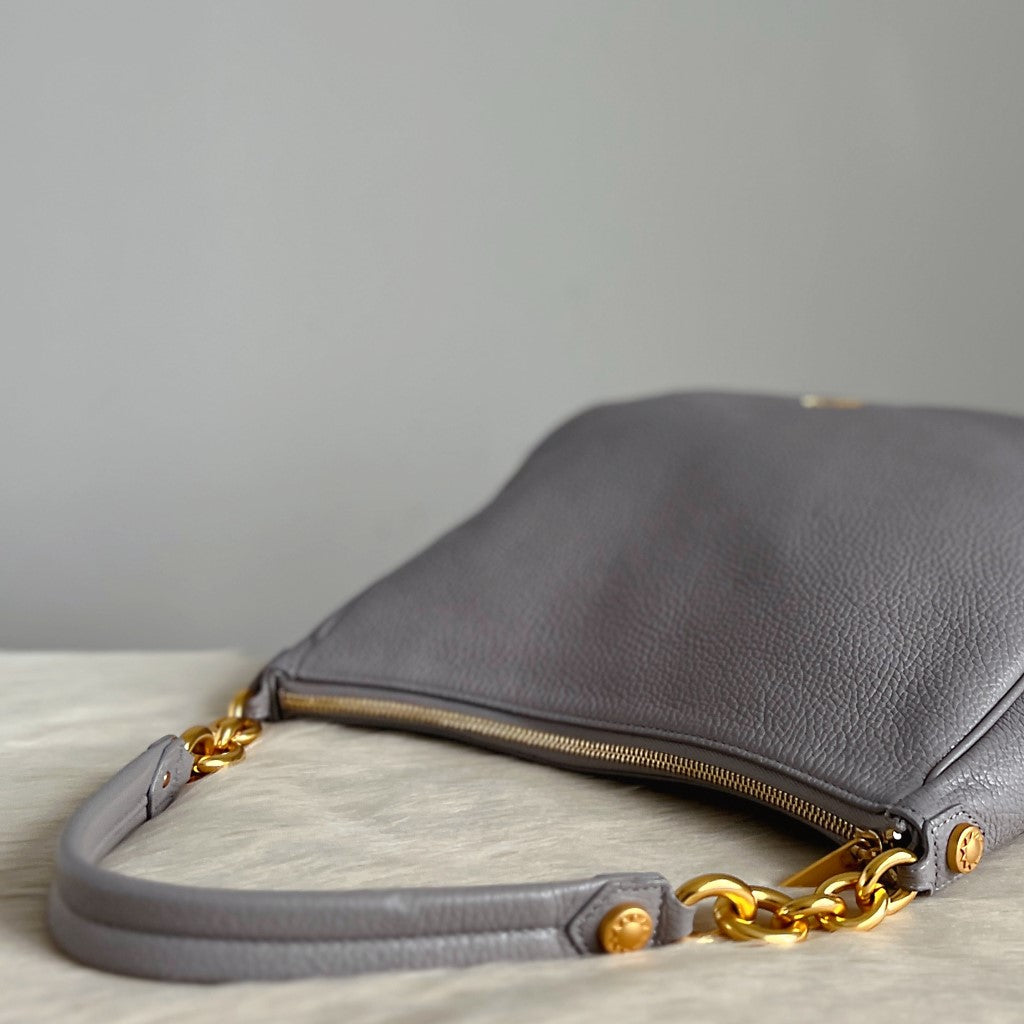 Furla Grey Leather Front Logo Slouchy 2 Way Shoulder Bag Like New