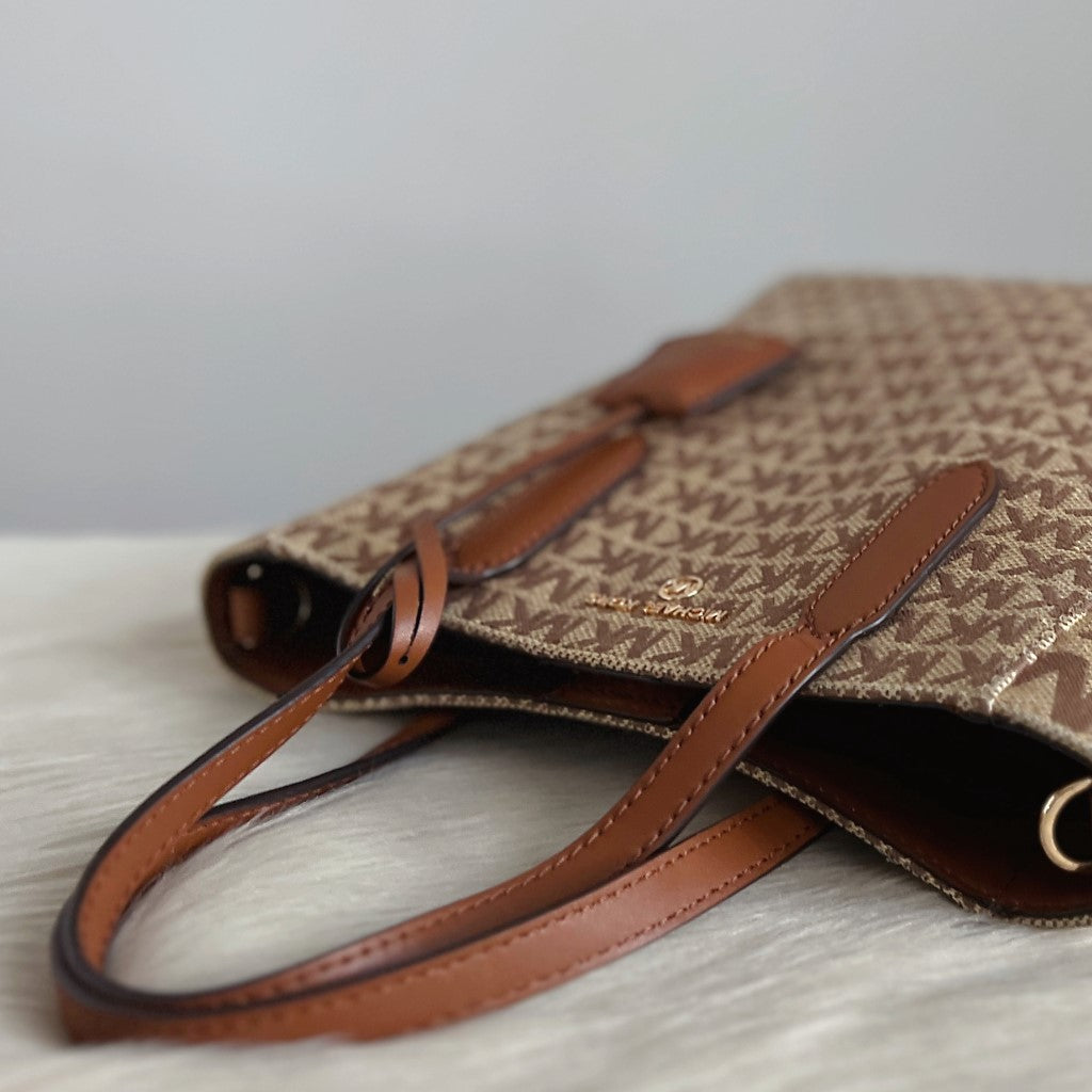 Michael Kors Caramel Leather Monogram Book Tote 2 Way Shoulder Bag Excellent