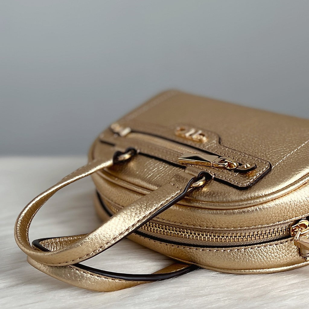 Michael Kors Gold Leather Front Logo Mini Boston 2 Way Shoulder Bag Like New