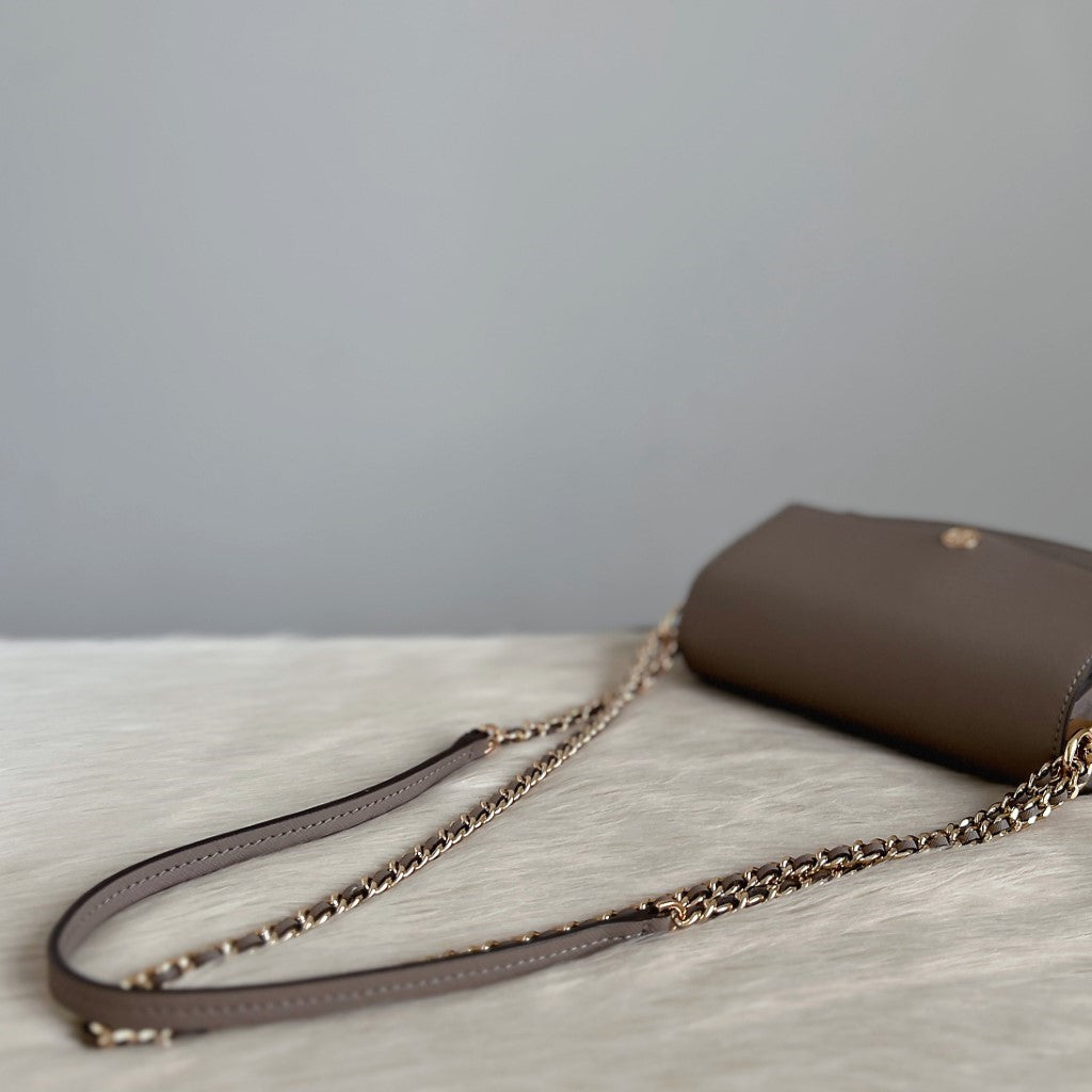 Tory Burch Taupe Leather Front Logo Crossbody Shoulder Bag Like New