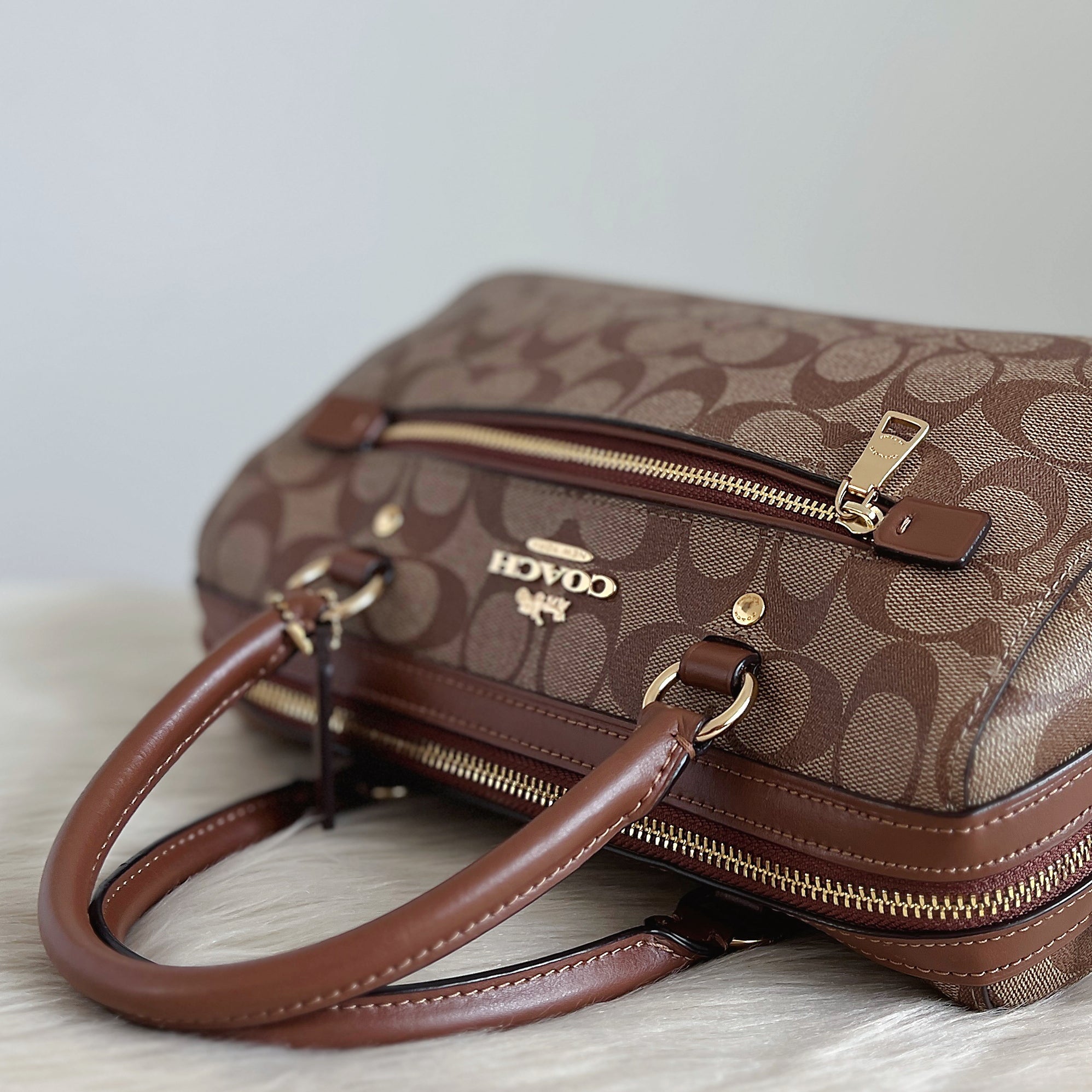 Coach Caramel Leather Monogram Boston 2 Way Shoulder Bag Excellent