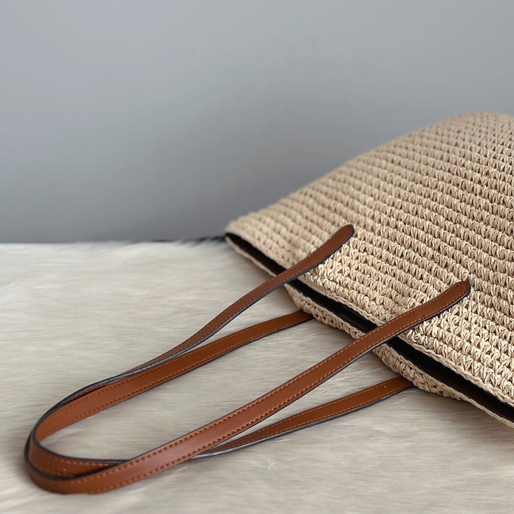Ralph Lauren Caramel Leather Straw Carryall Shoulder Bag