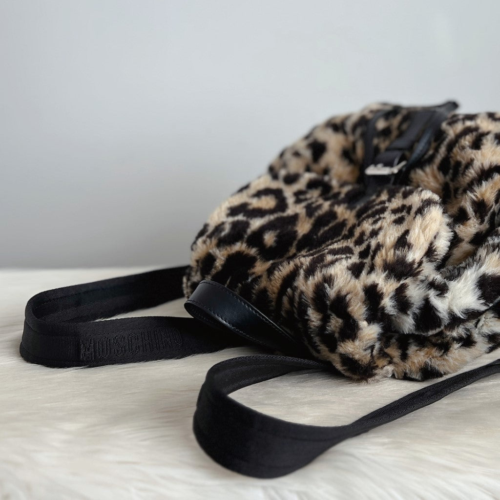 Moschino Leopard Flap Buckle Drawstring Backpack Excellent