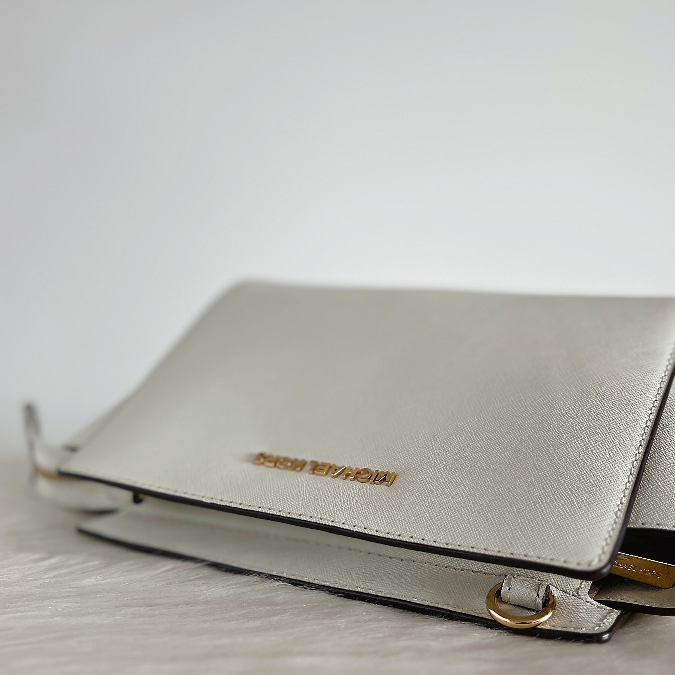 Michael Kors White Saffiano Leather Front Logo Crossbody Shoulder Bag