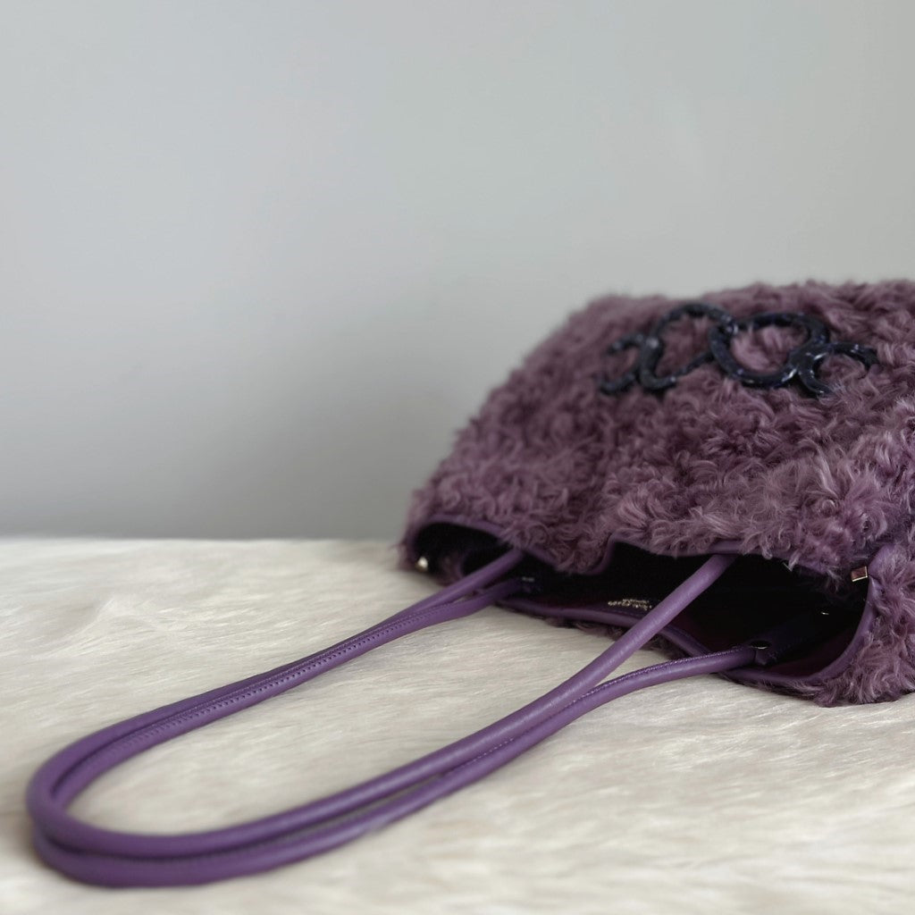 Kate Spade Purple Fur Large Carryall Shoulder Bag + Pouch Excellent