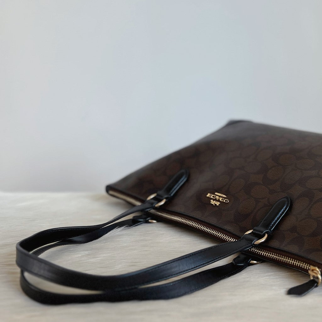 Coach Black Leather Monogram Carryall Shoulder Bag Excellent