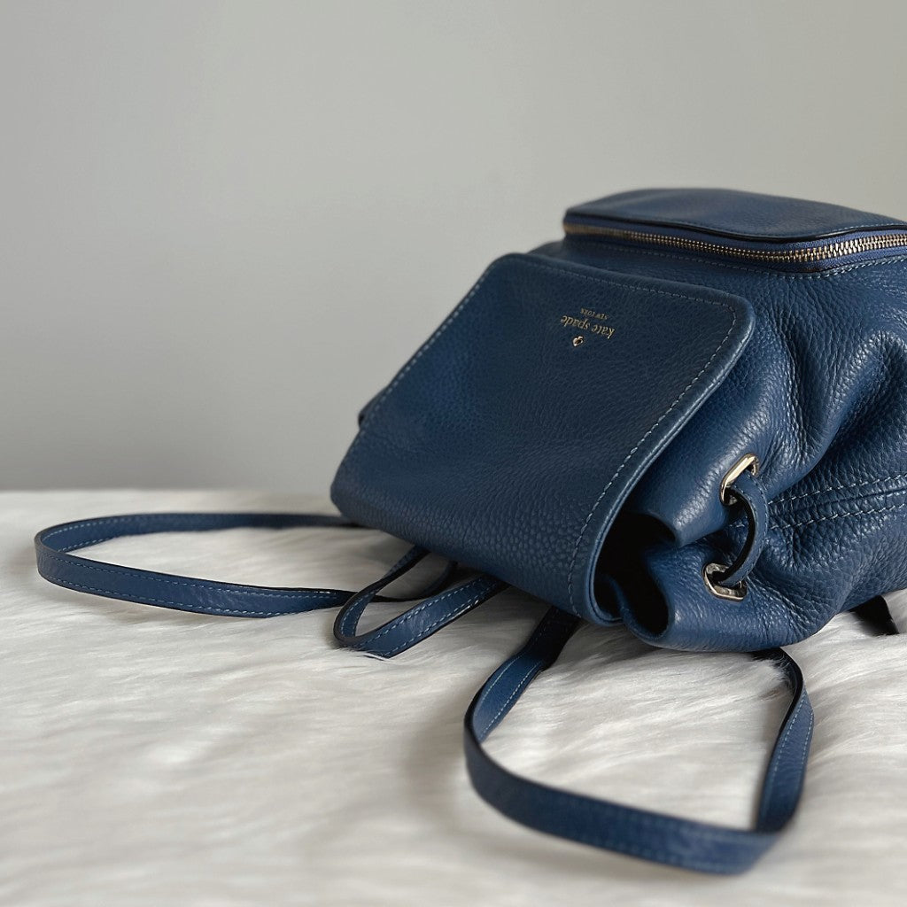 Kate Spade Blue Leather Front Logo Flap Zipped Compartment Backpack Like New