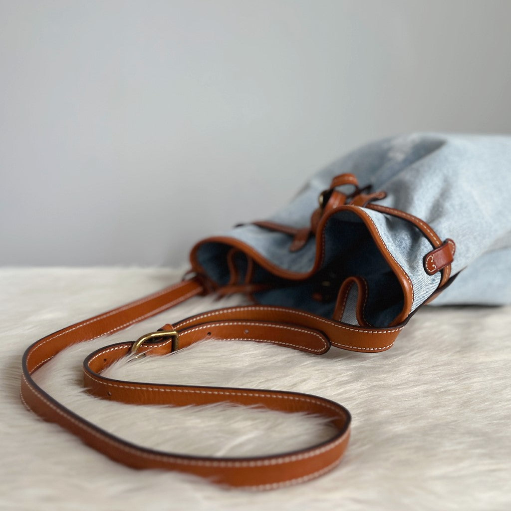 Ralph Lauren Caramel Leather Denim Bucket Shoulder Bag + Pouch Excellent