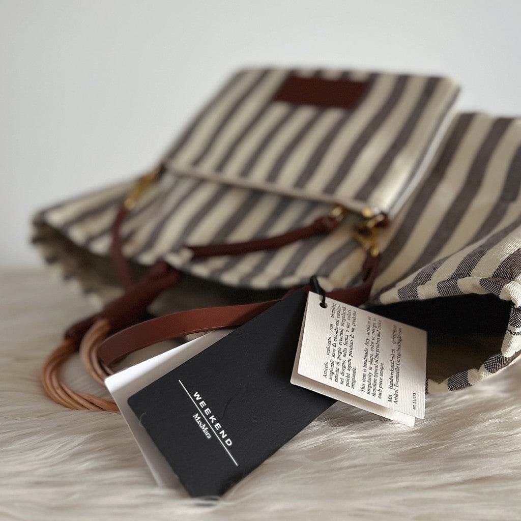 Max Mara Stripe Canvas Straw Holiday Tote Bag + Pouch New with Tags