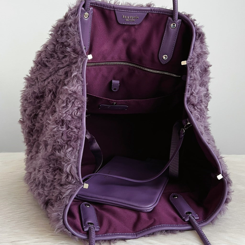 Kate Spade Purple Fur Large Carryall Shoulder Bag + Pouch Excellent