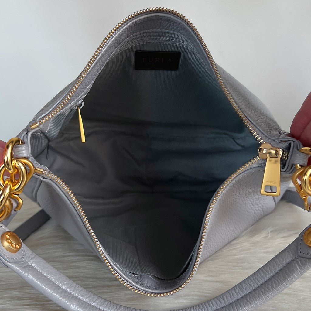 Furla Grey Leather Front Logo Slouchy 2 Way Shoulder Bag Like New