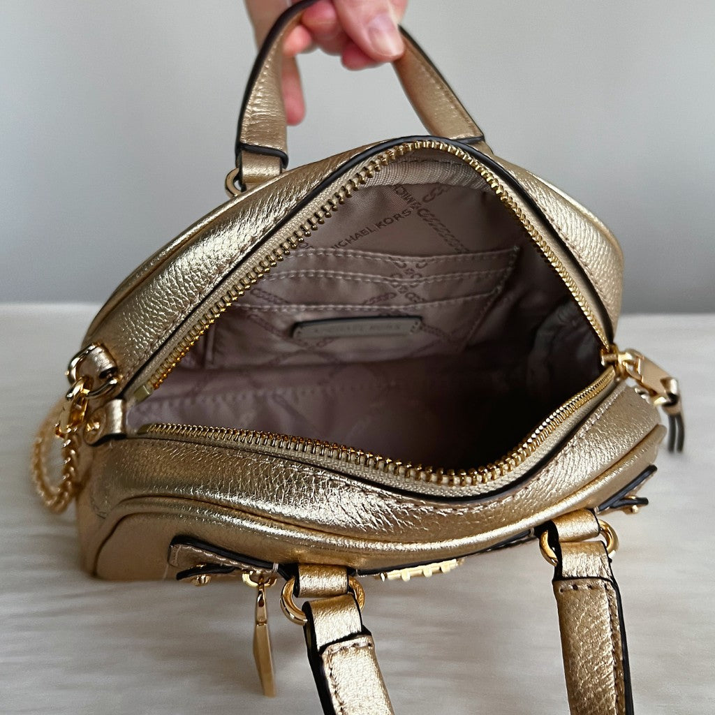 Michael Kors Gold Leather Front Logo Mini Boston 2 Way Shoulder Bag Like New