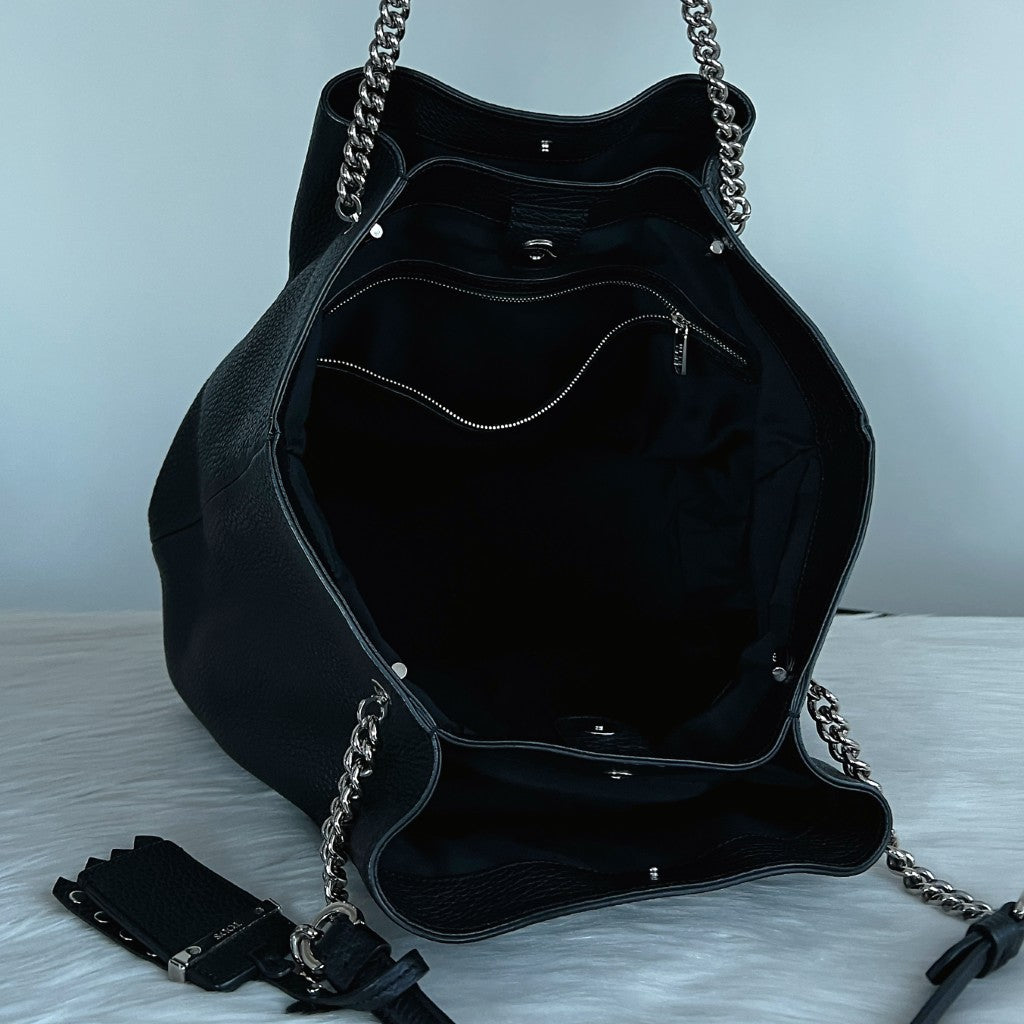 Tod's Black Leather Chain Detail Triple Compartment Shoulder Bag Like New