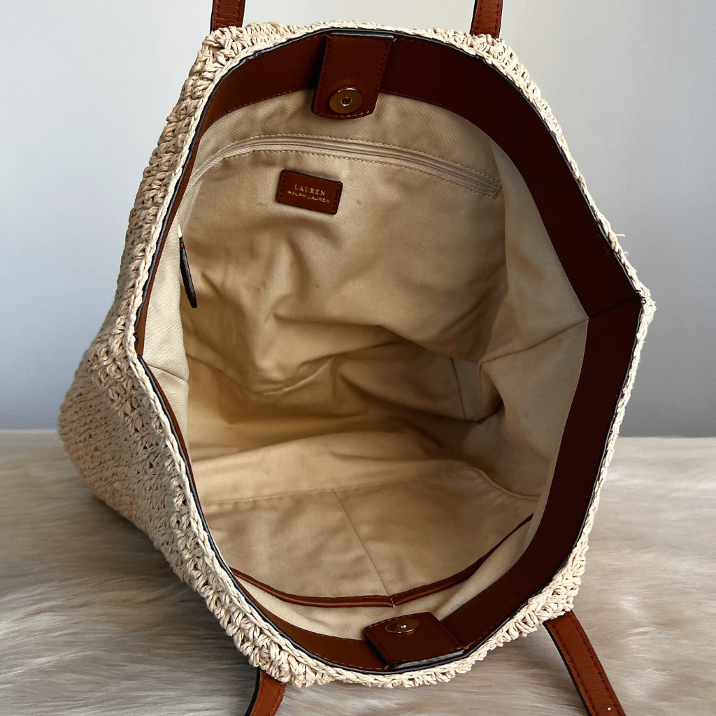 Ralph Lauren Caramel Leather Straw Carryall Shoulder Bag