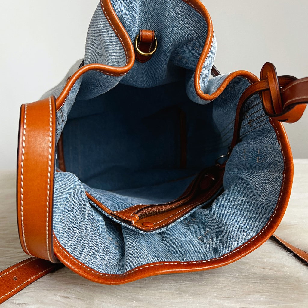 Ralph Lauren Caramel Leather Denim Bucket Shoulder Bag + Pouch Excellent