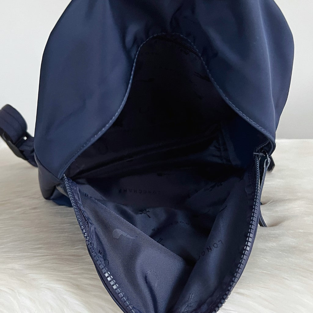 Longchamp Navy Leather Trim Double Compartment Backpack Like New
