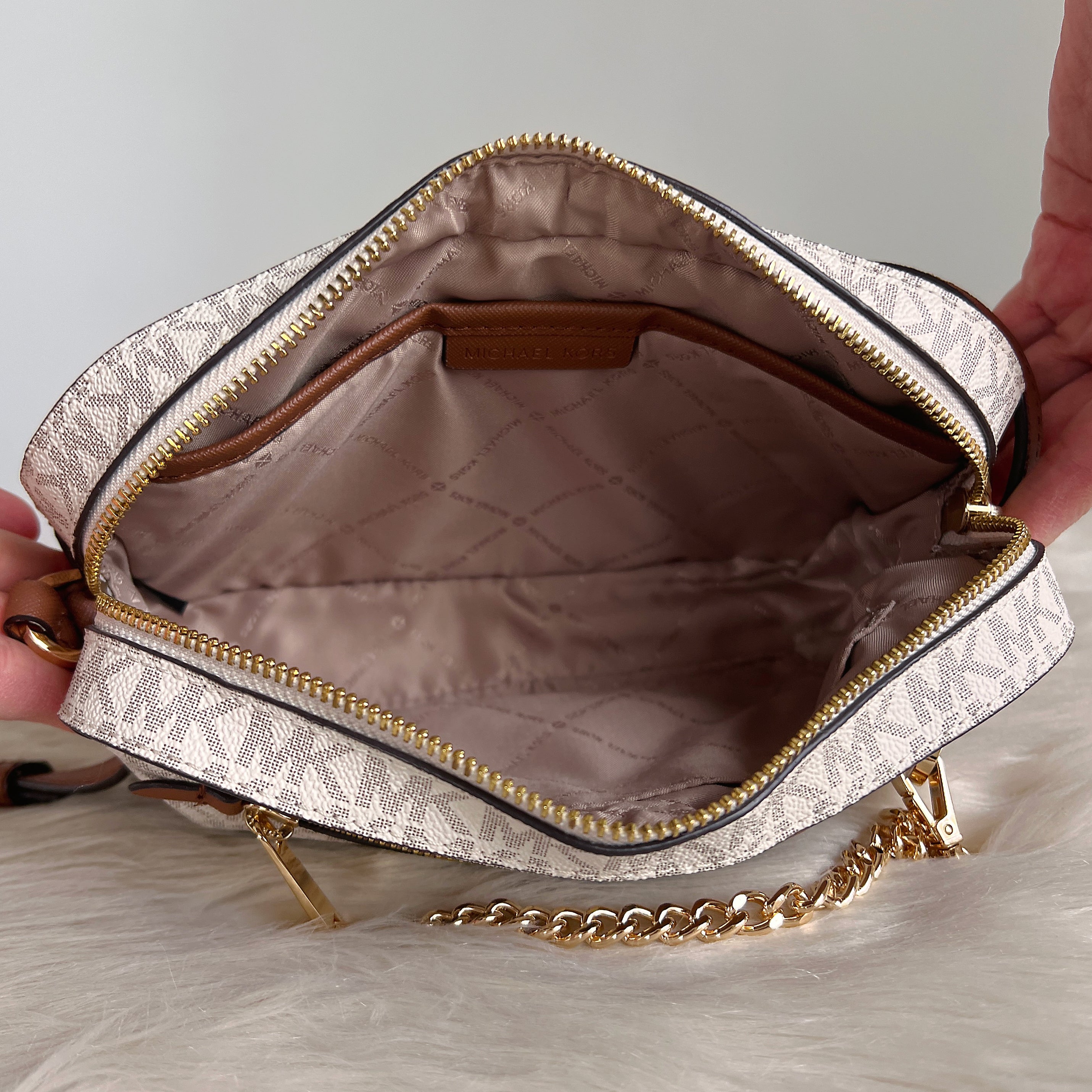 Michael Kors Monogram Gold Chain Detail Crossbody Shoulder Bag Excellent
