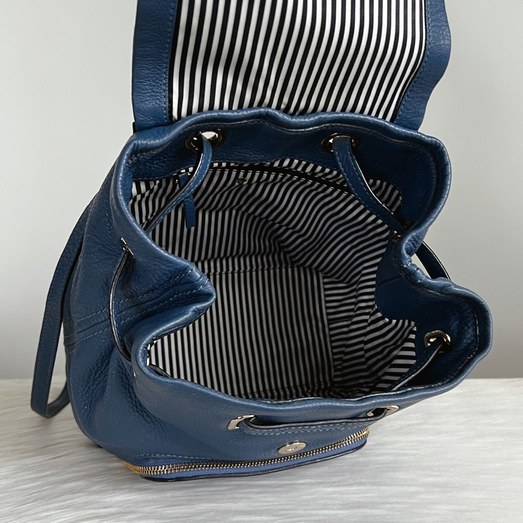 Kate Spade Blue Leather Front Logo Flap Zipped Compartment Backpack Like New