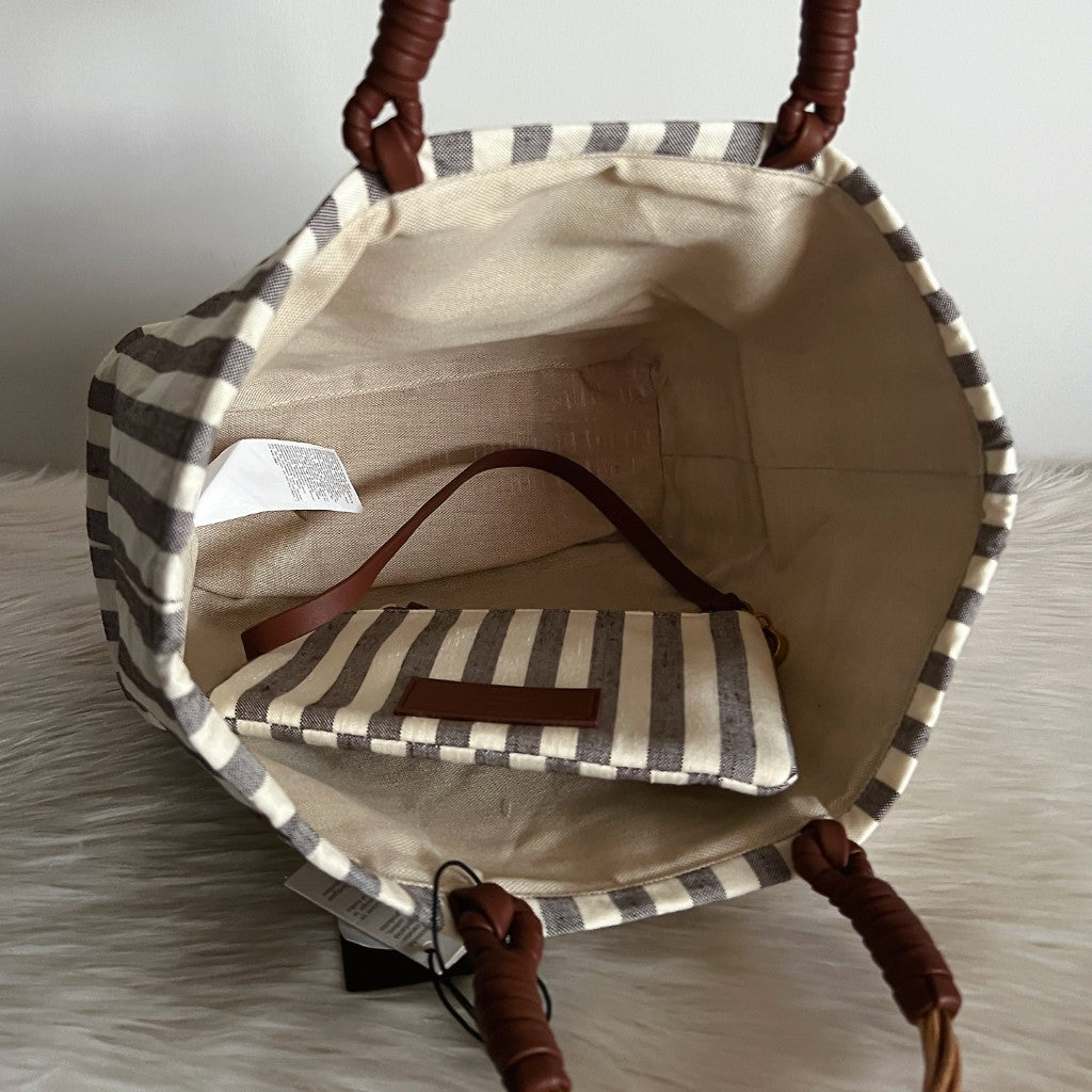 Max Mara Stripe Canvas Straw Holiday Tote Bag + Pouch New with Tags