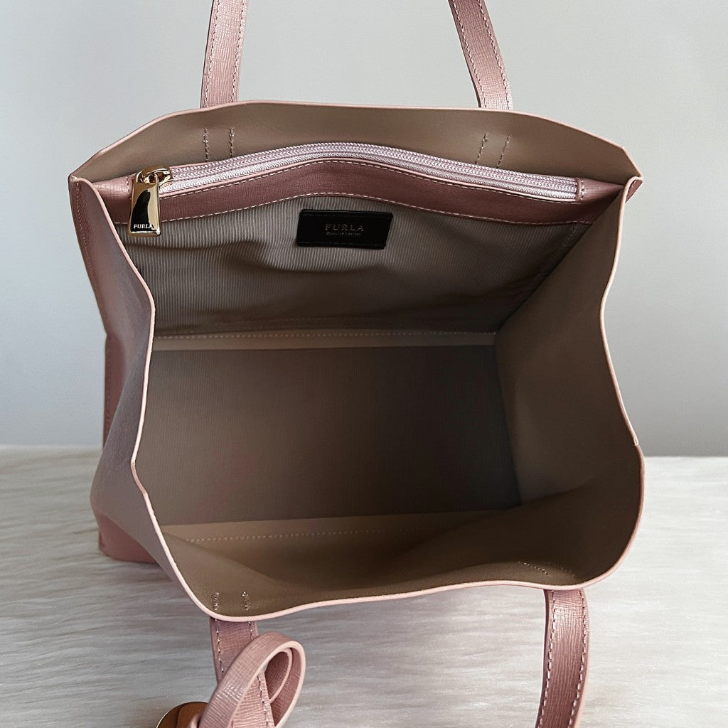 Furla Blush Pink Leather F Charm Tote Bag Like New