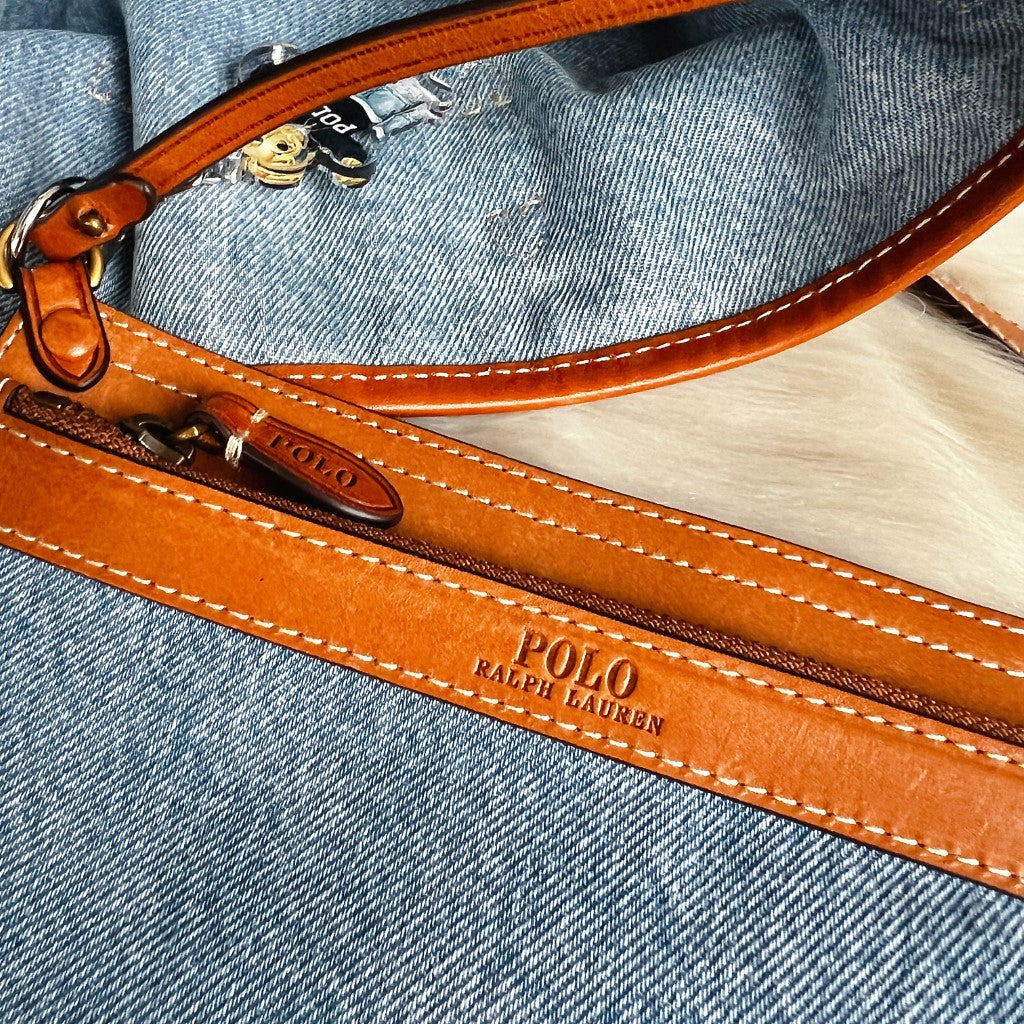 Ralph Lauren Caramel Leather Denim Bucket Shoulder Bag + Pouch Excellent