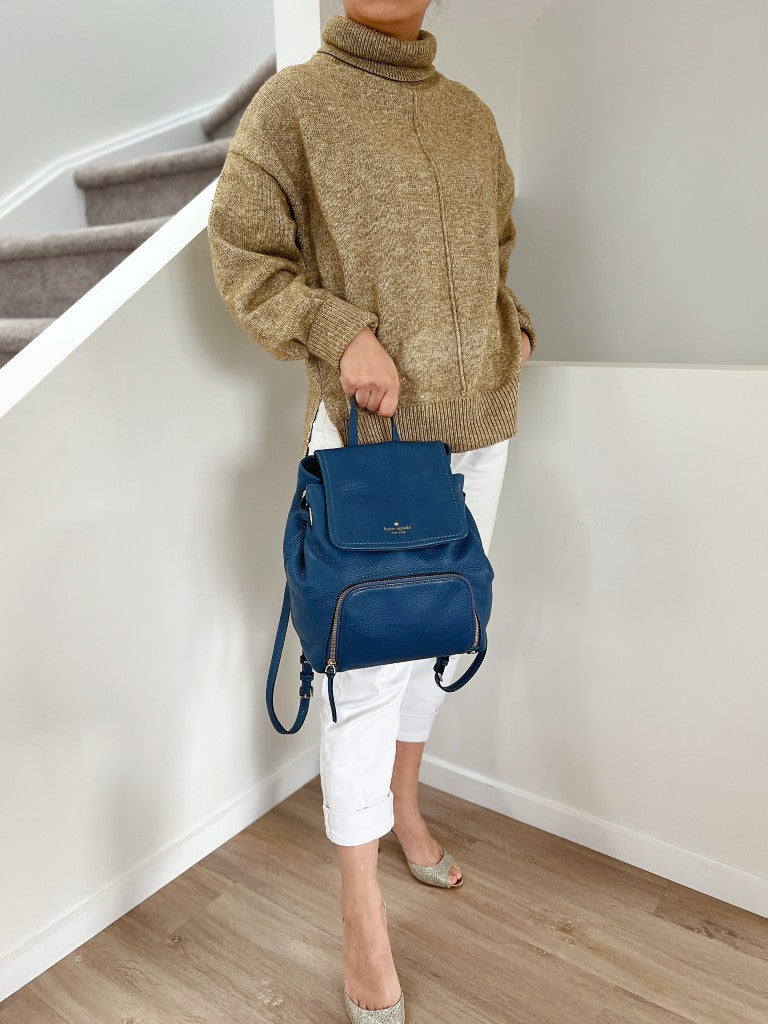 Kate Spade Blue Leather Front Logo Flap Zipped Compartment Backpack Like New