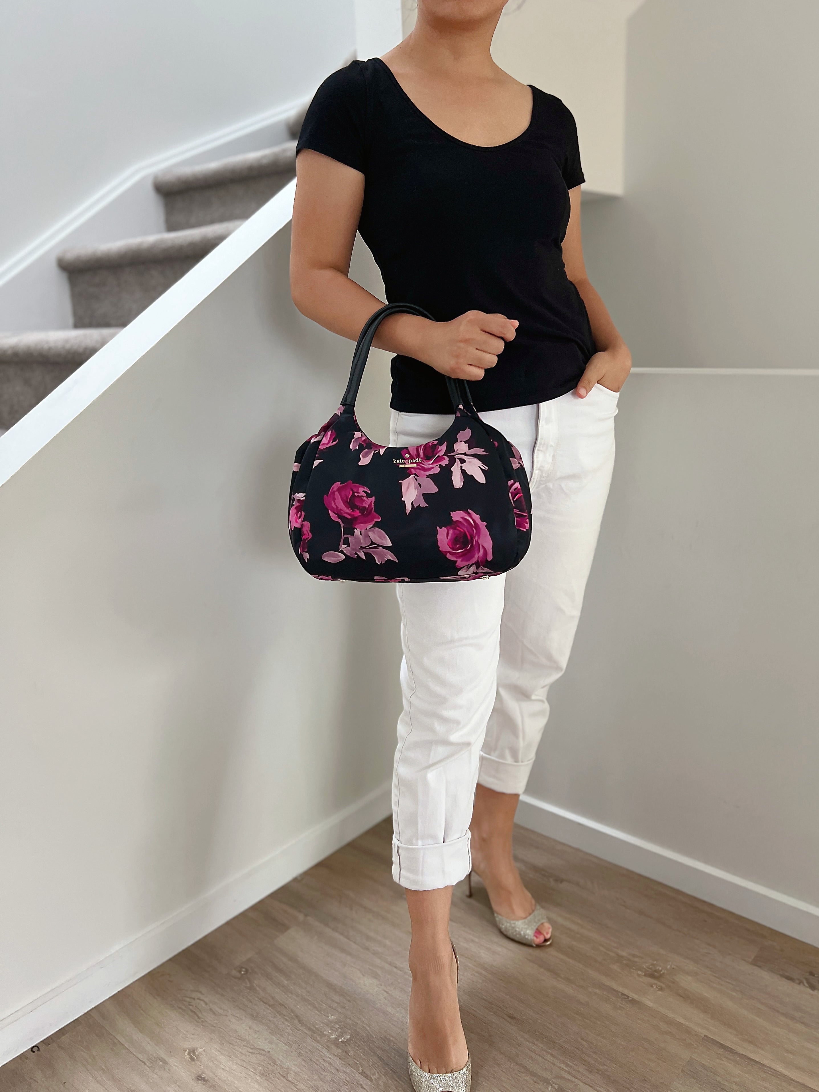 Kate Spade Black Leather Floral Pattern Shopper Shoulder Bag Excellent